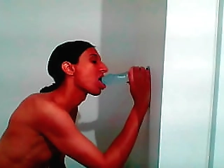 petite tgirl natasha rotten sucks wall mount dildo lovingly