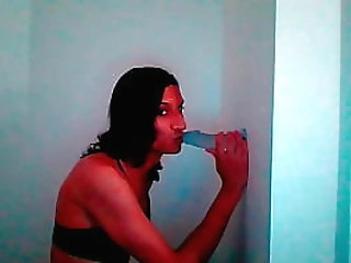 petite tgirl sucks wall mount dildo lovingly #2