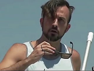 blonde tbabe sucks cock on the stairs