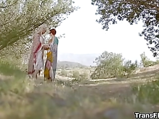 lovers aubrey and bree greet each other with a sensual kiss