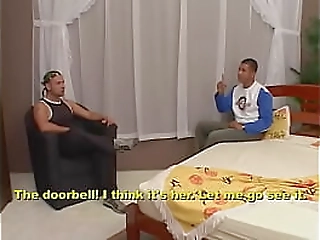 horny crossdresser gets mouth and butt fucked by two muscle dudes on a big bed